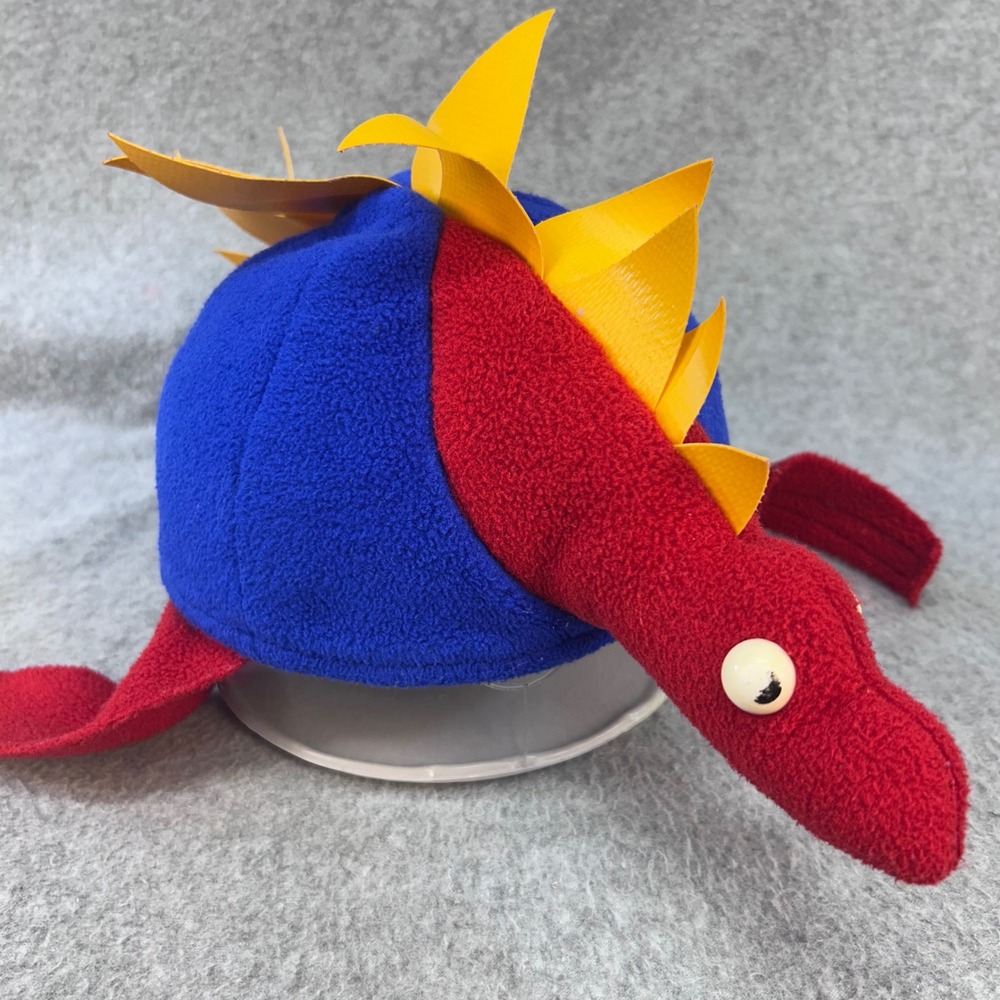 Vintage Malden Mills Teazer Dinosaur Kids Blue Red Fleece Hat Spikes One Size